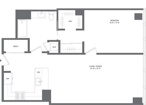 Floor plan for 1 bed, 1 bath, 912 sqft